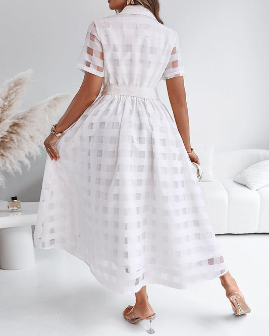 Turn-down Collar Plaid Mesh Double-Layered Cinched Waist Maxi Dress Button Down Bow Tie Waist Commuting Dress