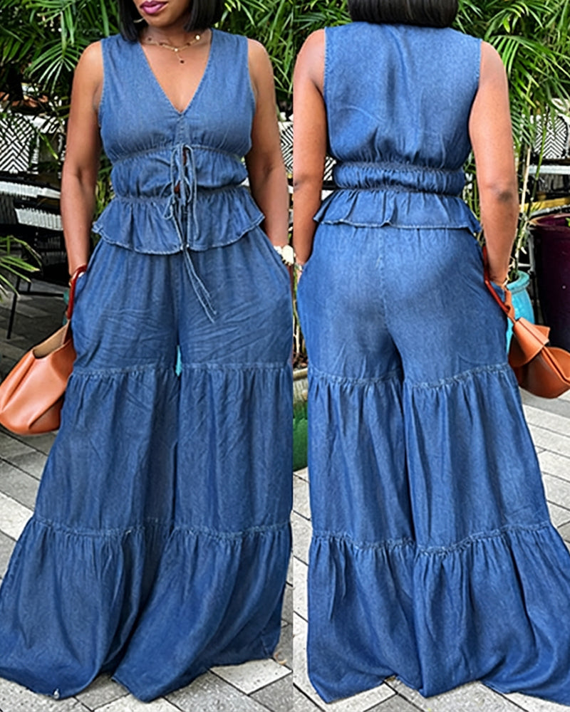 2 Pieces Outfit Deep V-Neck Sleeveless Tie Front Cinched Waist Top and Elastic Waist Wide Leg Pants Set Casual Ruffle Hem Set