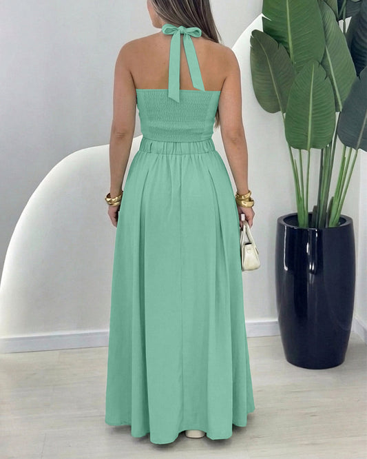 Women's Halter Two Piece Maxi Skirt Set Cross Tied Crop Top and High Waist Button Up Front Slit Skirt Suit