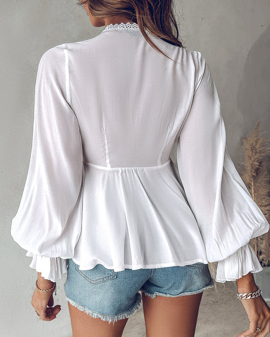 Butterfly Pattern Decor Deep V Neck Long Sleeve Blouse Casual Tie Front Flared Cuffs Lace Trim A-Line Hem Top