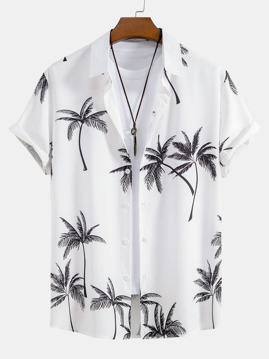 Palm Tree Print Button-Up Shirt & Striped Swim Shorts