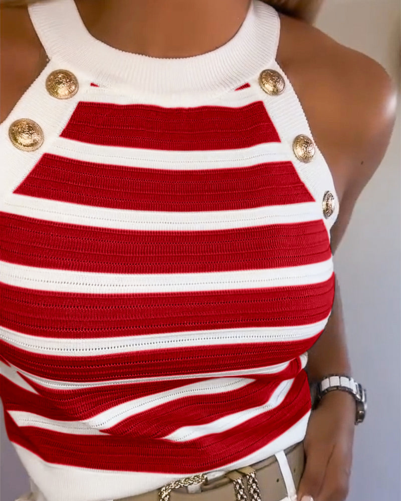 Striped Halter Sleeveless Tank Causal Golden Button Decor Breathable Knit Top