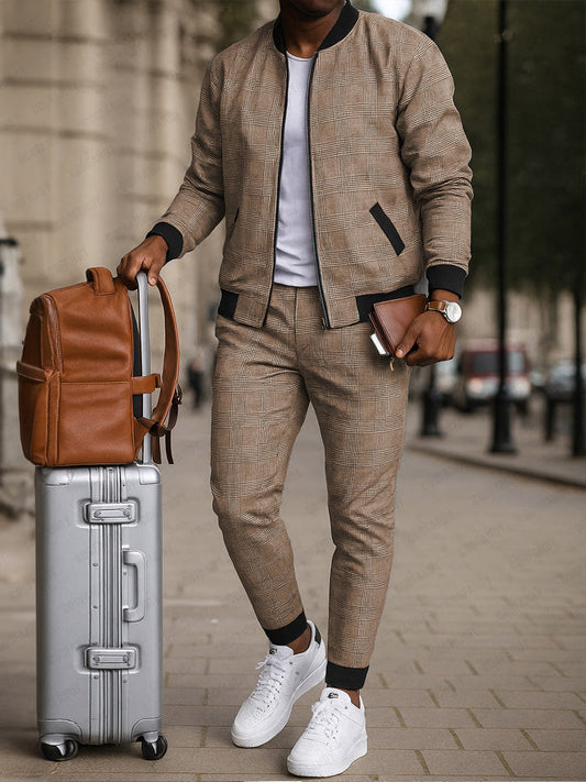 Smart Casual Plaid Tracksuit Set