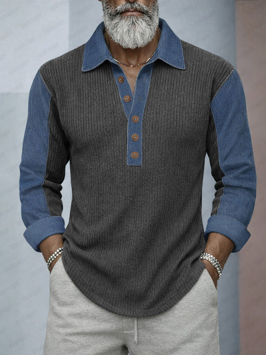 Casual Denim Patchwork Contrast Knit Shirt