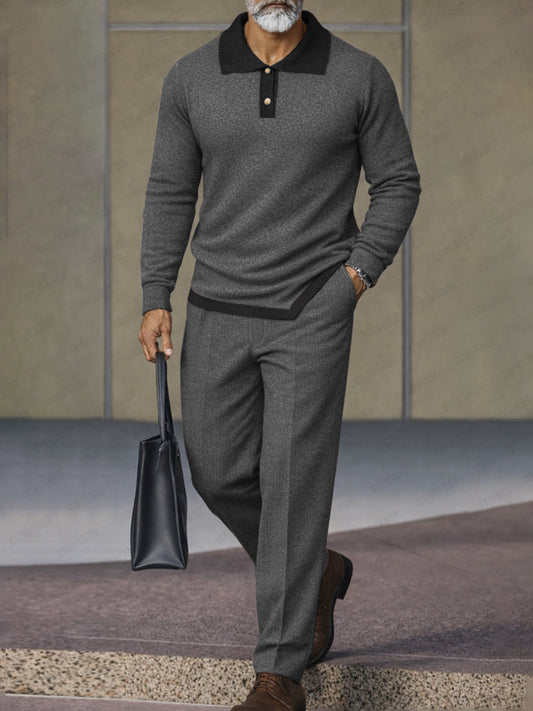 Versatile Asymmetric Hem Polo Shirt Pants Set