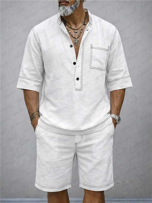Summer Casual 100% Cotton Henley Shirt Set