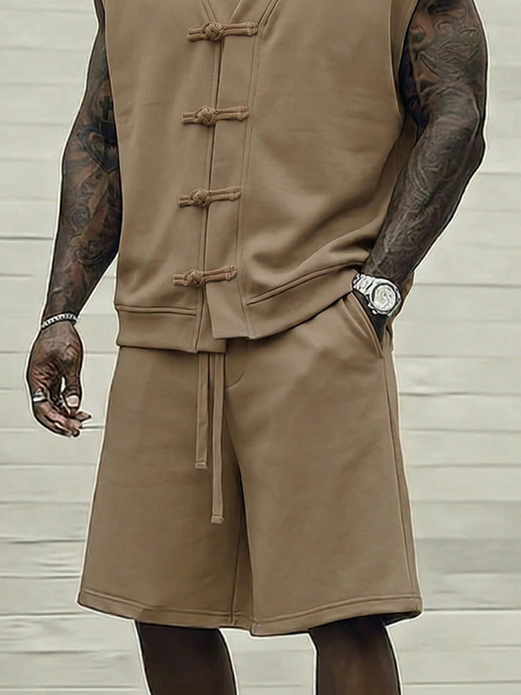 Casual Sleeveless Frog Button 2-Piece Set