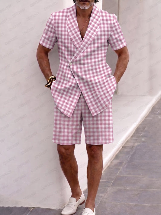 Summer Casual Plaid Short Sleeve Suit Set