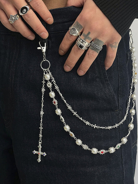 Streetwear Punk Rhinestone Cross Pendant Pants Chain