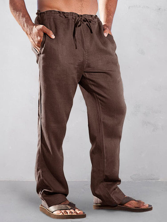 Casual Solid High Waist Cotton Linen Straight Pants