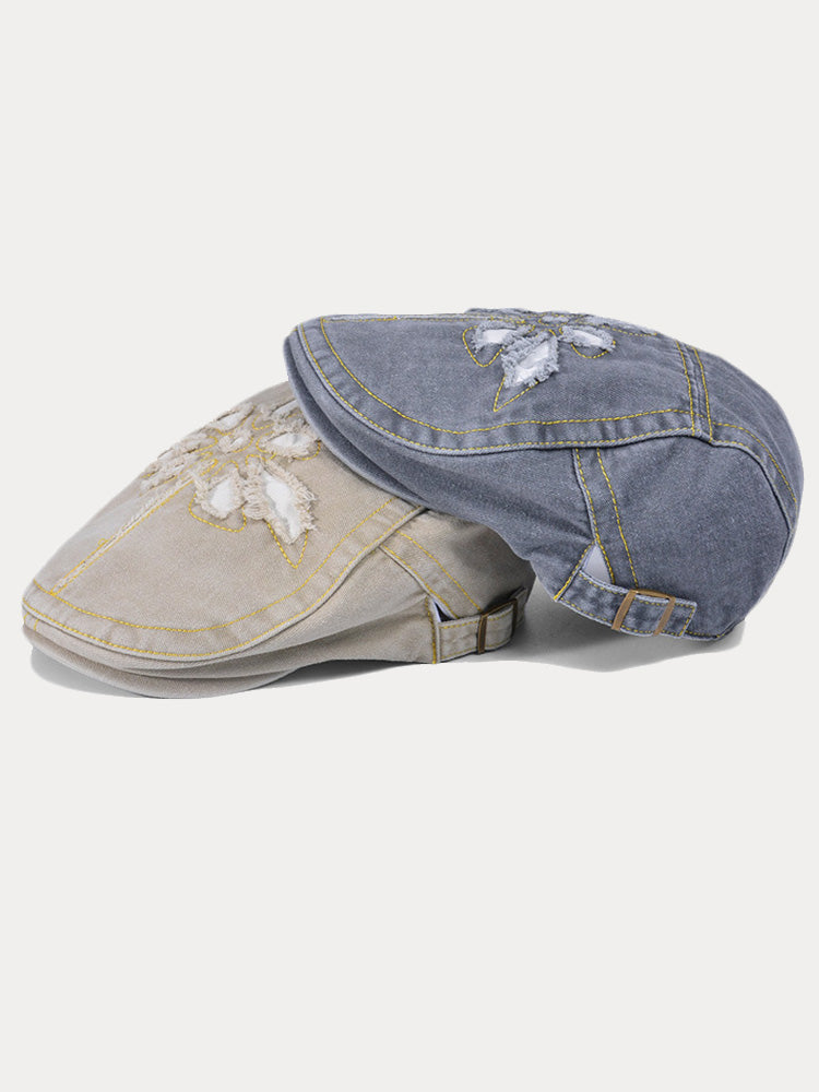 Unique Washed Ripped Denim Beret Hat