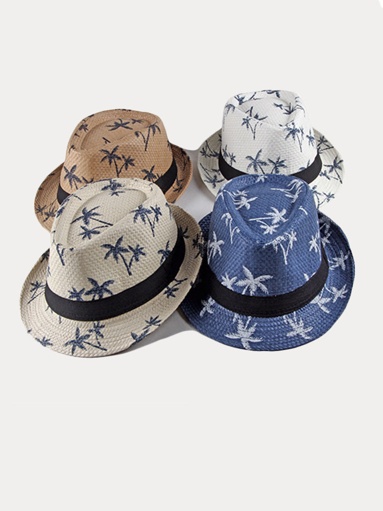 Vacation Coconut Tree Print Woven Straw Fedora Hat