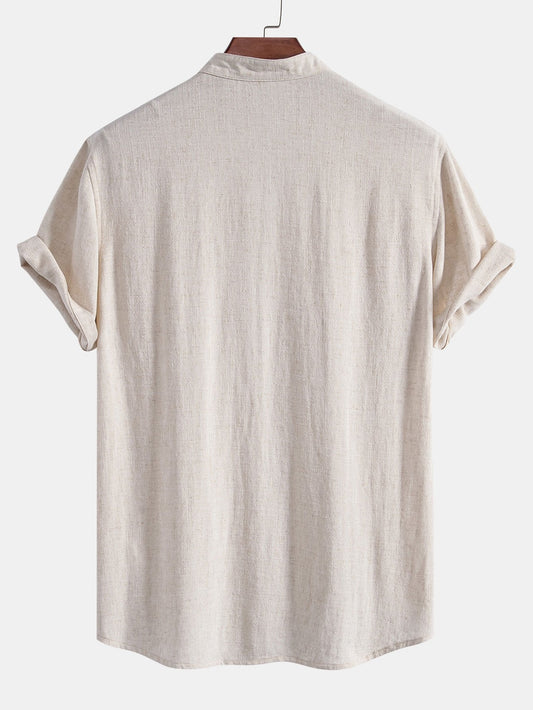 Short Sleeve V-Neck Linen Rayon Blend Shirt
