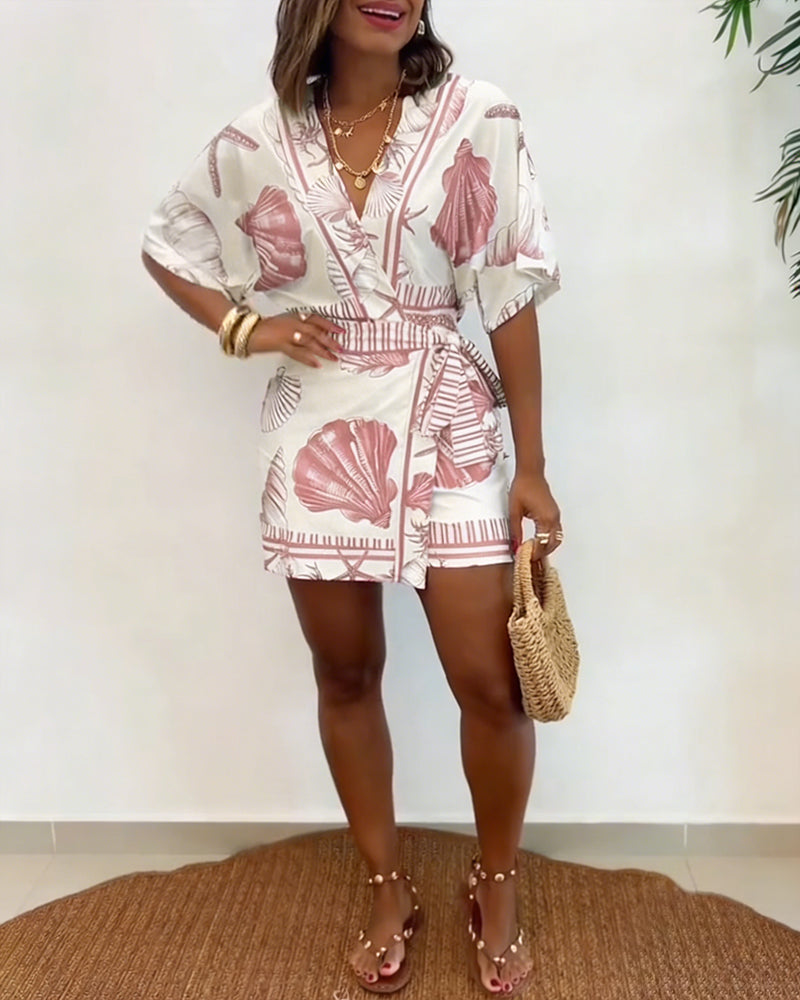 Starfish & Seashell Print Overlap V Neck Half Sleeve Wrap Knot Side Romper Casual Stretchy Back Waist Vacation Romper
