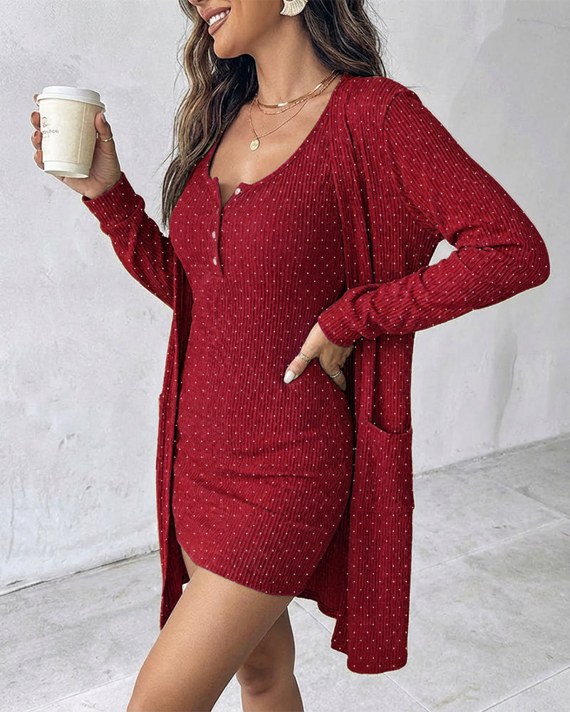 2 Pieces Outfit U-Neck Half Button Front Slim Fit Mini Tank Dress and Long Sleeve Pockets Design Cardigan Casual Rhinestone Decor Textured Set
