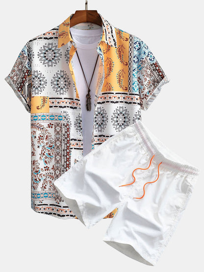 Scarf Print Button-Up Shirt & Swim Shorts