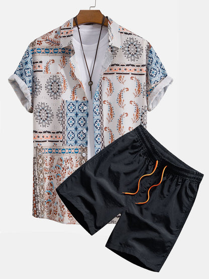Scarf Print Button-Up Shirt & Swim Shorts
