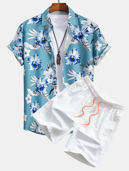 Tropical Floral Print Button-Up Shirt & Swim Shorts