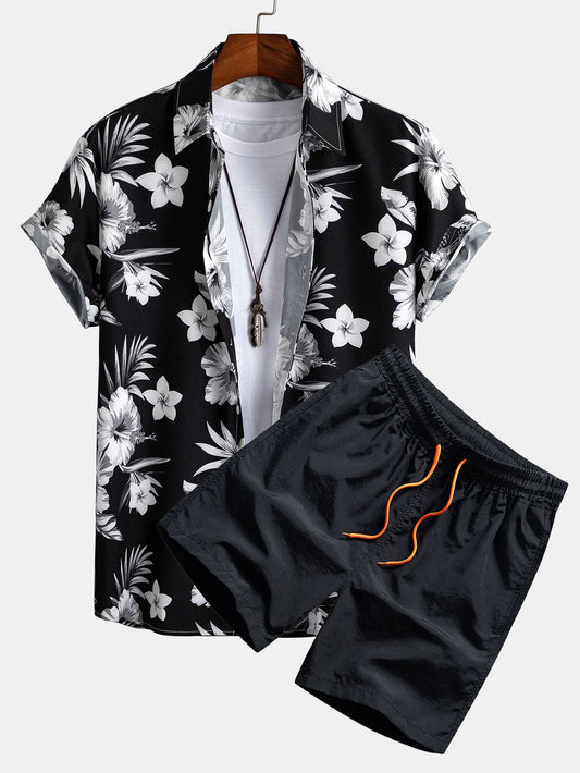Tropical Floral Print Button-Up Shirt & Swim Shorts
