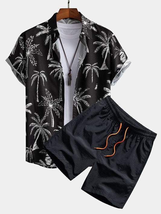 Palm Tree Print Button-Up Shirt & Swim Shorts