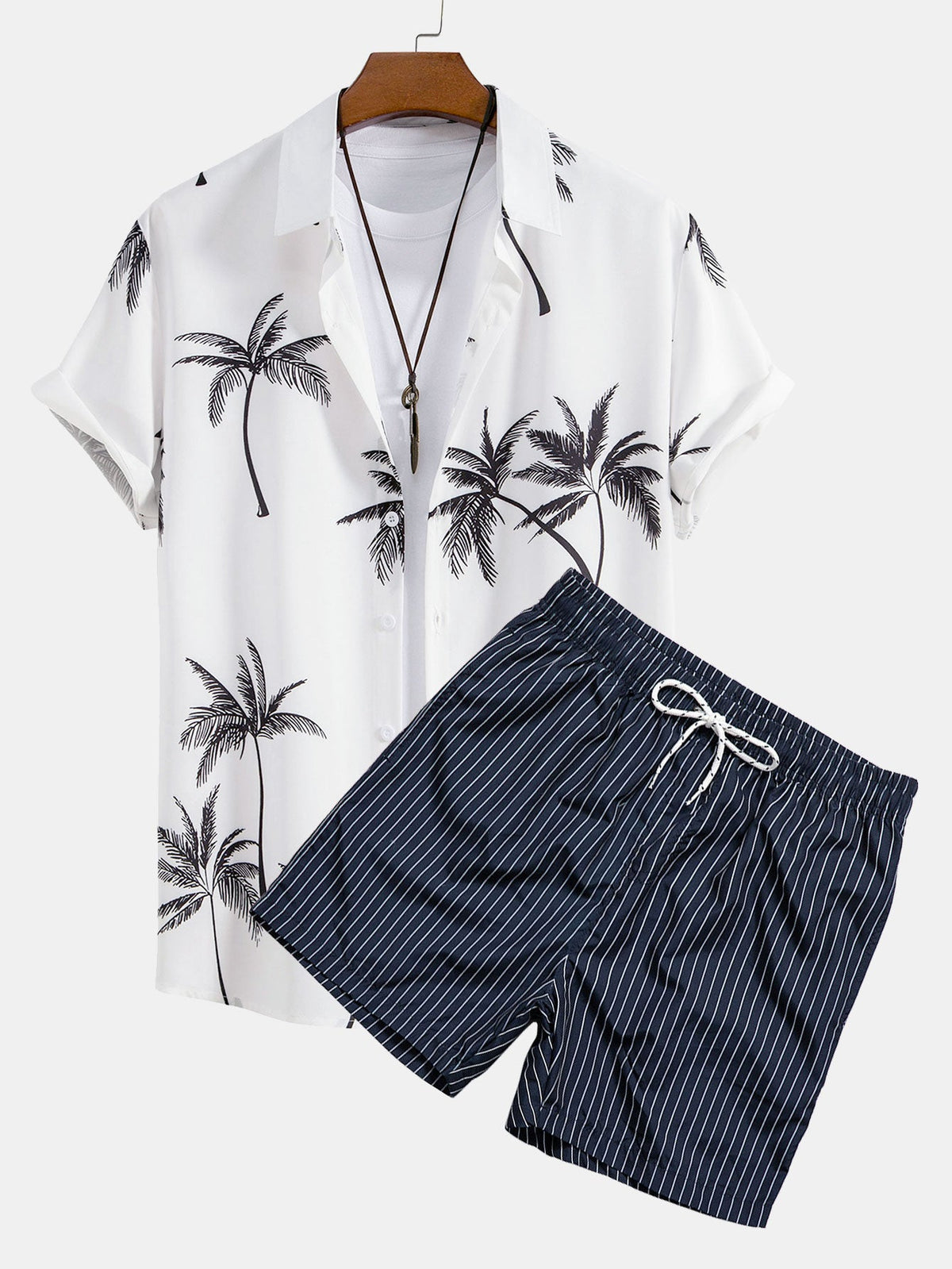 Palm Tree Print Button-Up Shirt & Striped Swim Shorts