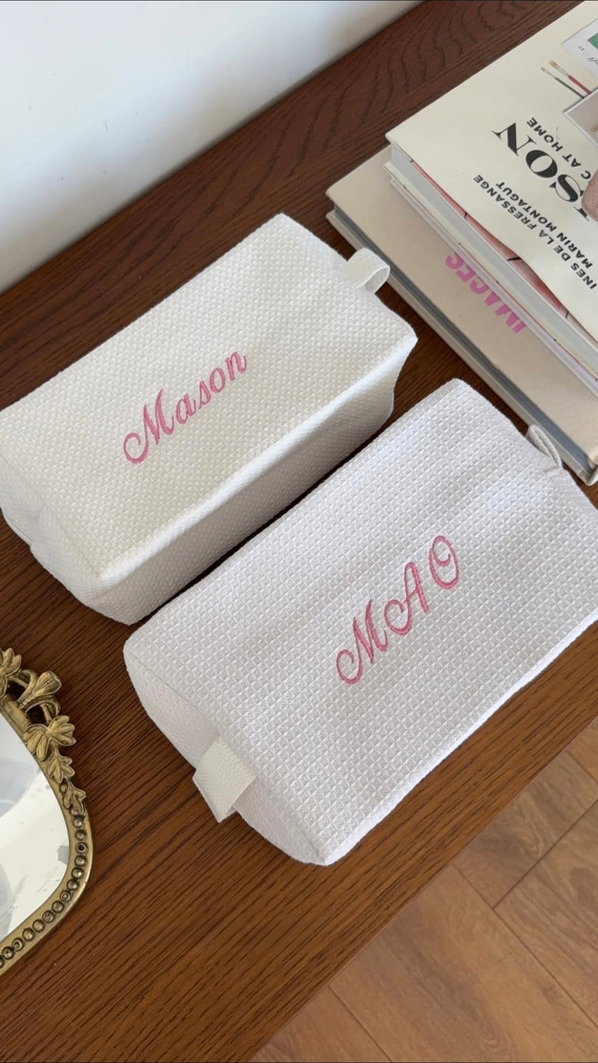 Medium White Waffle Cosmetic Bag