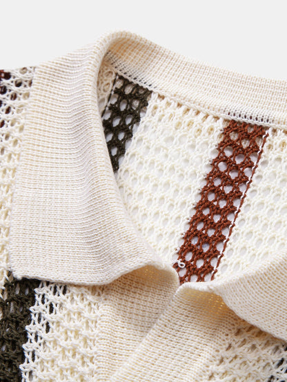 Striped Crochet V-Neck Polo