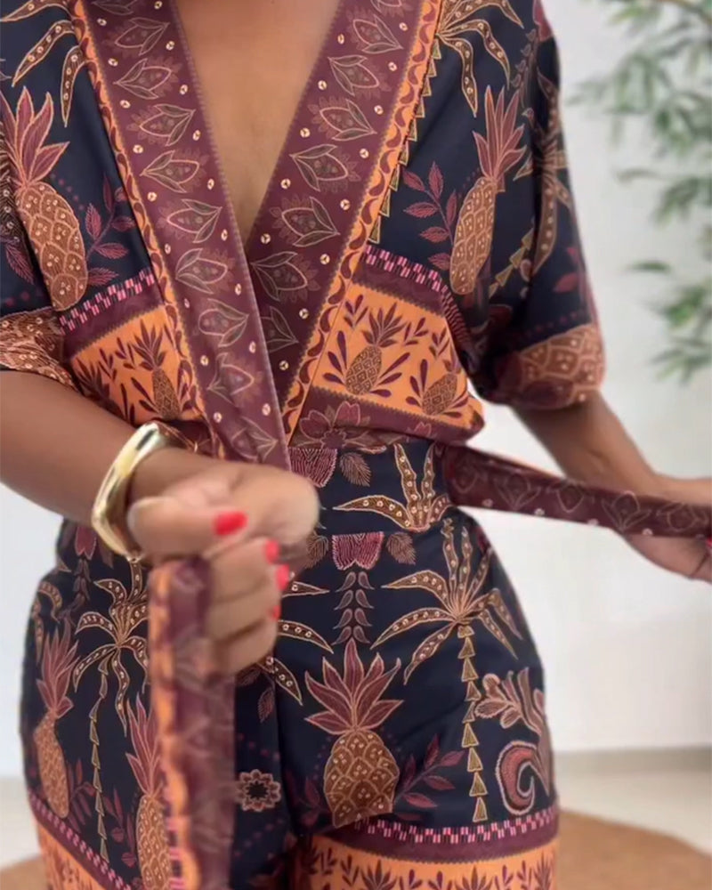 Women's Tropical Print Romper V Neck Wrap Knot Side Jumpsuit Half Sleeve Beach Vacation Summer Skorts Romper