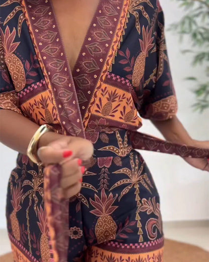 Women's Tropical Print Romper V Neck Wrap Knot Side Jumpsuit Half Sleeve Beach Vacation Summer Skorts Romper