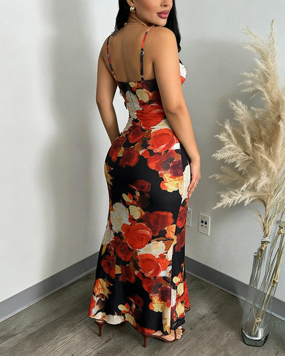 Women's Floral Print Mesh Dress Ruffle Hem High Slit Mermaid Cami Dress Sexy Sleeveless Bodycon Party Dress