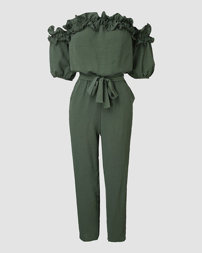 Frill Trim Off Shoulder Short Sleeve Tie Waist Overalls Casual Textured Jumpsuit