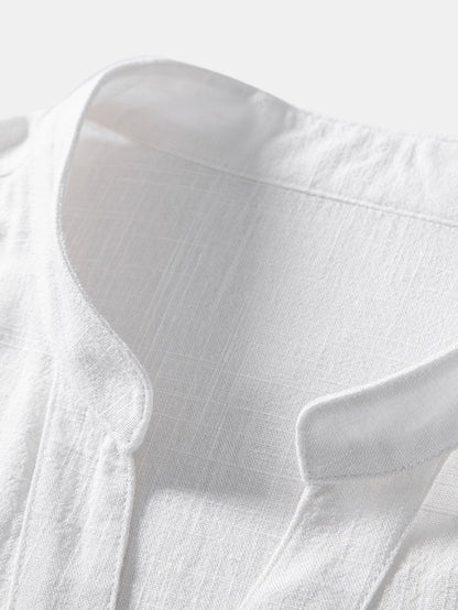 Short Sleeve V-Neck Linen Rayon Blend Shirt