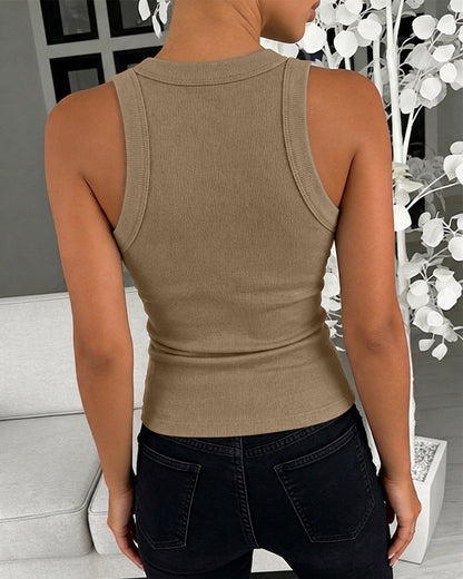 Rhinestone Decor O-neck Sleeveless Slim Fit Ribbed Tank Top