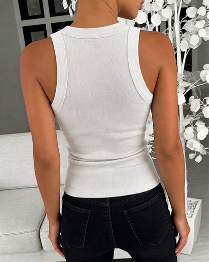 Rhinestone Decor O-neck Sleeveless Slim Fit Ribbed Tank Top