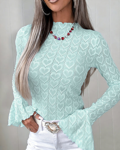 CHICME Women's Heart Jacquard Knit Top Mock Neck Long Sleeve Flare Cuff Slim Fit Blouse with Frill Trim and Hollow-out Details