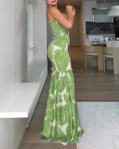 Tropical Print Halter Tie Shirred Frill Trim Cinched Waist Vacation Dress Ruched Cutout Front Slim Fit Ruffle Hem Mermaid Dress