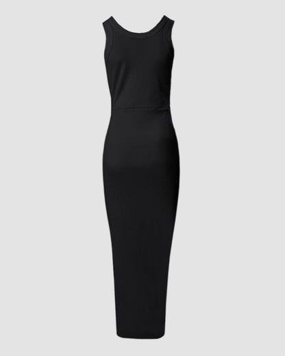 Side Slit Drawstring Ruched Bodycon Casual Sun Maxi Dresses Sleeveless Ribbed Tank Dress