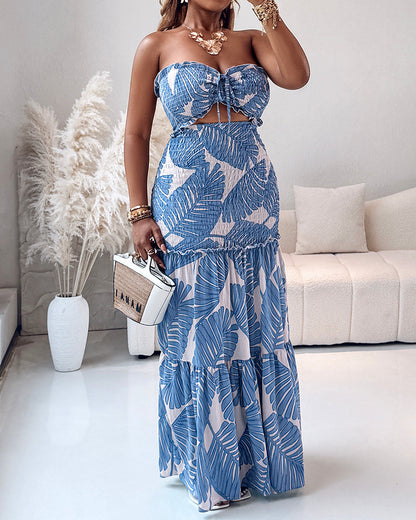 Tropical Print Halter Tie Shirred Frill Trim Cinched Waist Vacation Dress Ruched Cutout Front Slim Fit Ruffle Hem Mermaid Dress