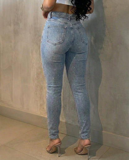 Rhinestone Decor High Waist Zipper Fly Slim Fit Jeans with Rhinestone Decor Belt