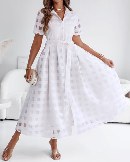 Turn-down Collar Plaid Mesh Double-Layered Cinched Waist Maxi Dress Button Down Bow Tie Waist Commuting Dress