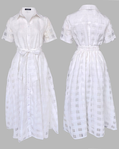 Turn-down Collar Plaid Mesh Double-Layered Cinched Waist Maxi Dress Button Down Bow Tie Waist Commuting Dress