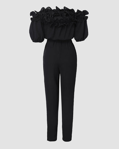 Frill Trim Off Shoulder Short Sleeve Tie Waist Overalls Casual Textured Jumpsuit