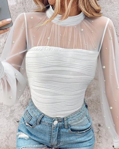 Pearls Decor Mock Neck Sheer Mesh Spliced Ruched Tee Hollow-out Back Slim Fit Textured Top
