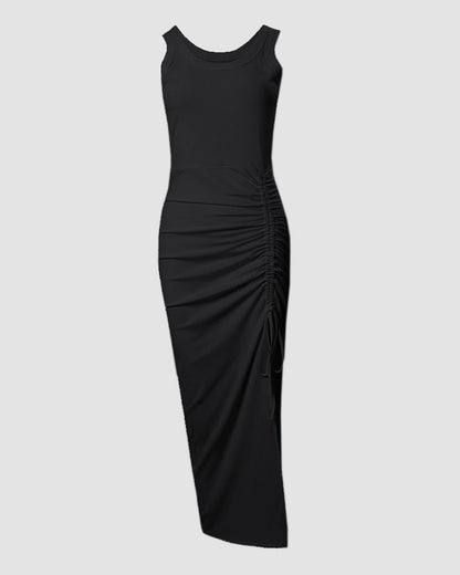 Side Slit Drawstring Ruched Bodycon Casual Sun Maxi Dresses Sleeveless Ribbed Tank Dress