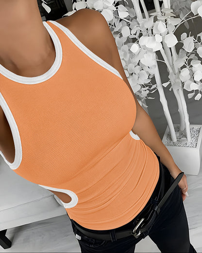 Women's Ribbed Contrast Trim Tank Top Sleeveless Crew Neck Cutout Slim Fit Stretch Casual Top