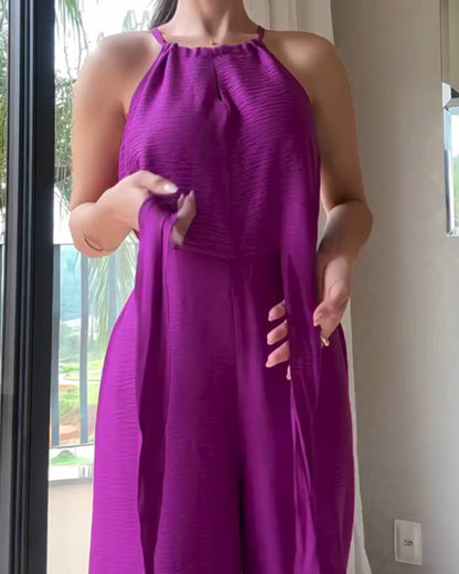 Halter Sleeveless Lace-up Jumpsuit Casual Waist Ruched Loose Fit Romper