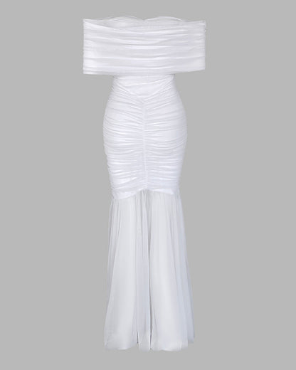 Foldover Off Shoulder Ruched Cinched Waist Minimalist Evening Dress Slim Fit Mermaid Hem Party Dress