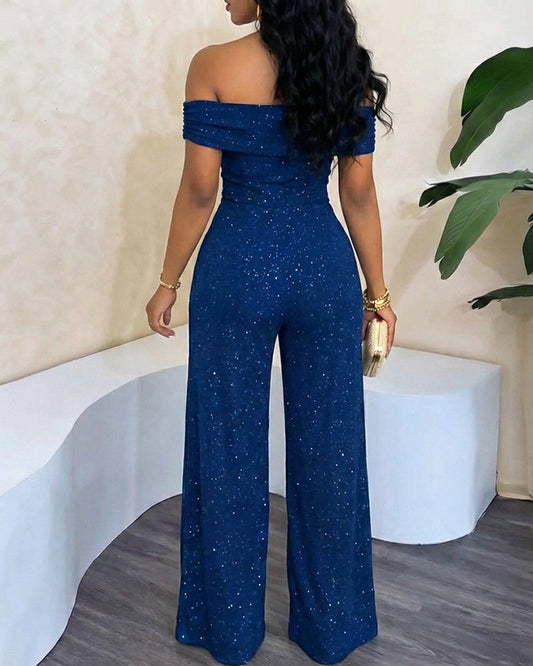 Women's Glitter Foldover Off Shoulder Overalls Ruched High Waist Wide Leg Jumpsuit Elegant Evening Party Jumpsuit