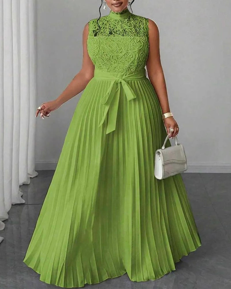 Mock Neck Sleeveless high Waist Pleated Maxi Dress Elegant Lace & Braided Spliced Zipper Back Evening Dress with Belt