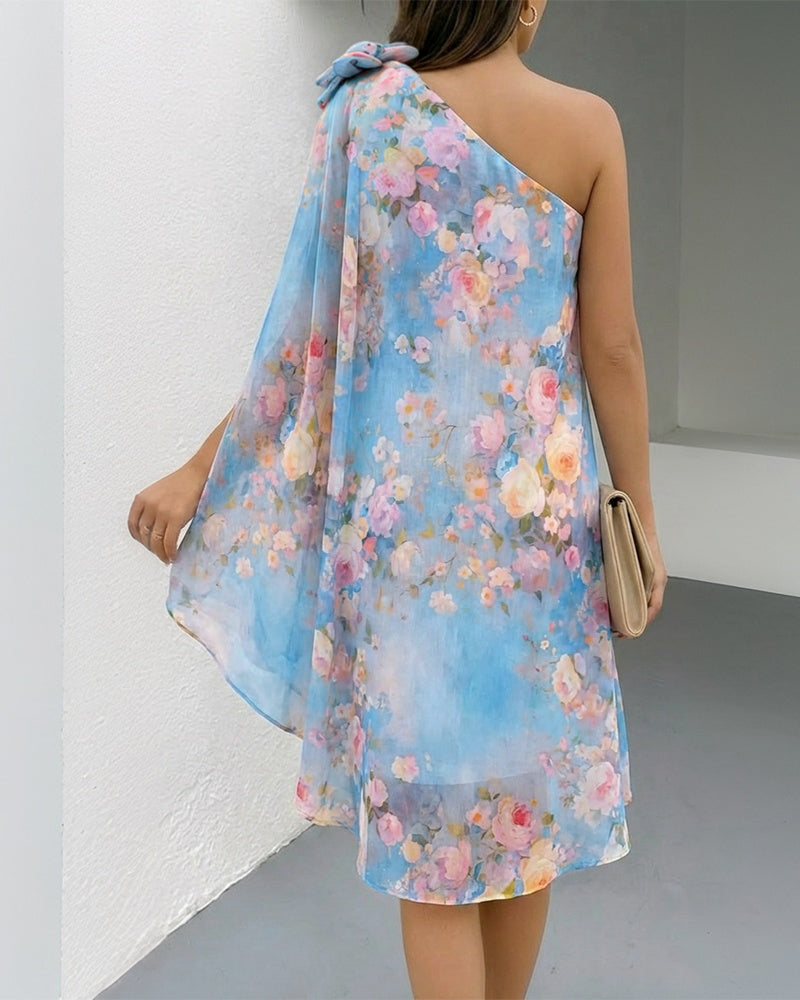 CHICME Women's Floral Print One-Shoulder Chiffon Dress 3D Floral Decor Split Sleeve Loose A-Line Mini Dress